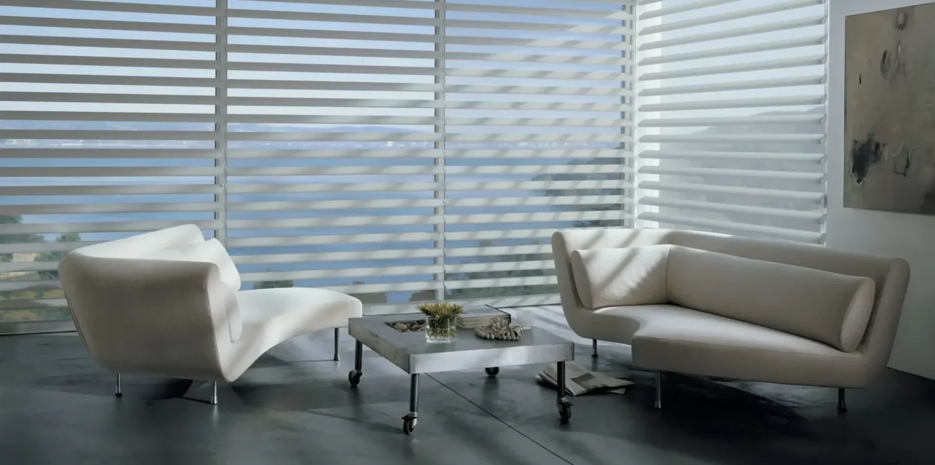 Official Hunter Douglas Dealer in South Jersey. Pasquarello Interiors. Photo of modern white seating in front of white blinds on floor to ceiling windows.